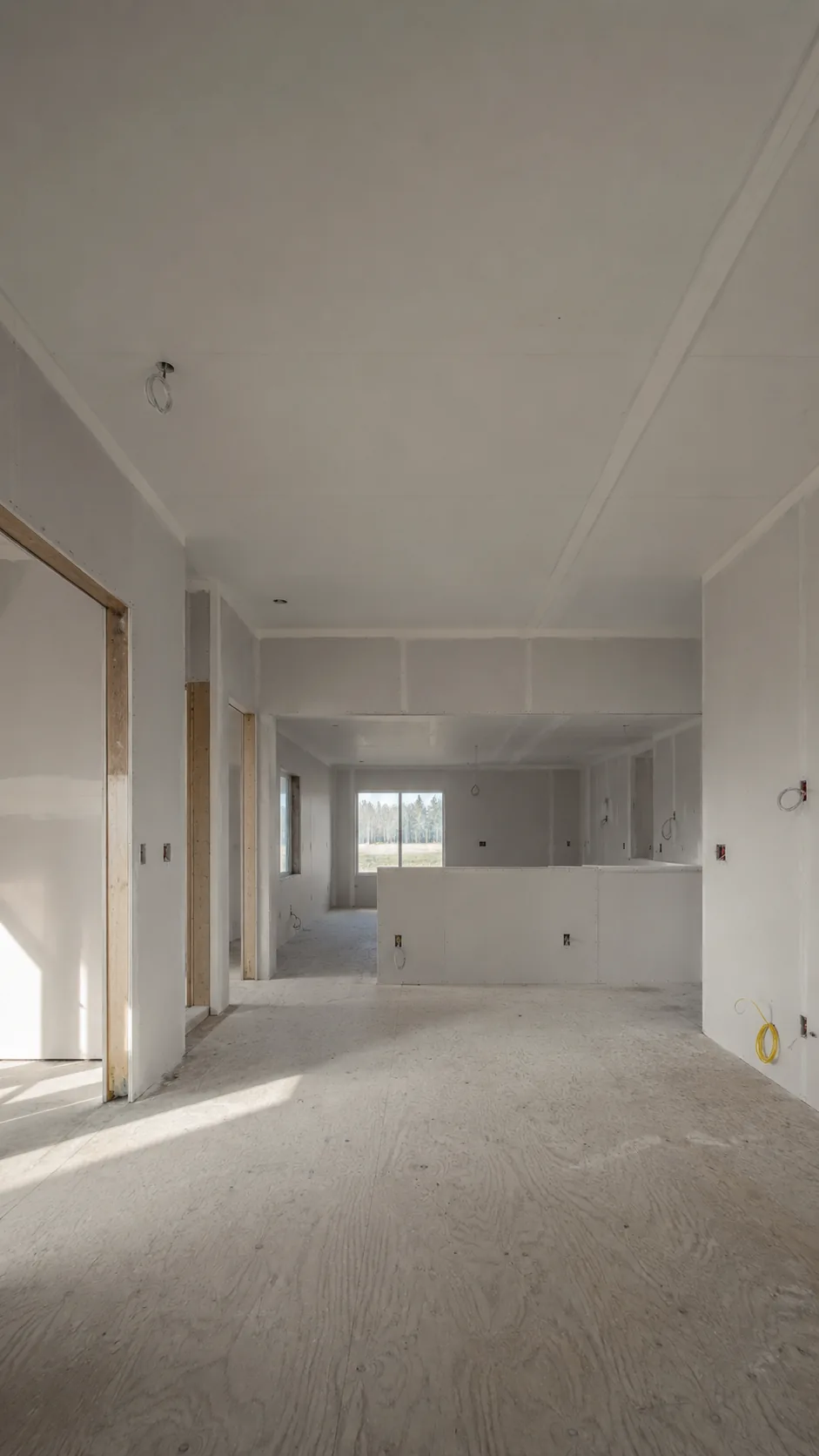 A new-build house at the drywall stage, rough-in complete, daylight from the far window.