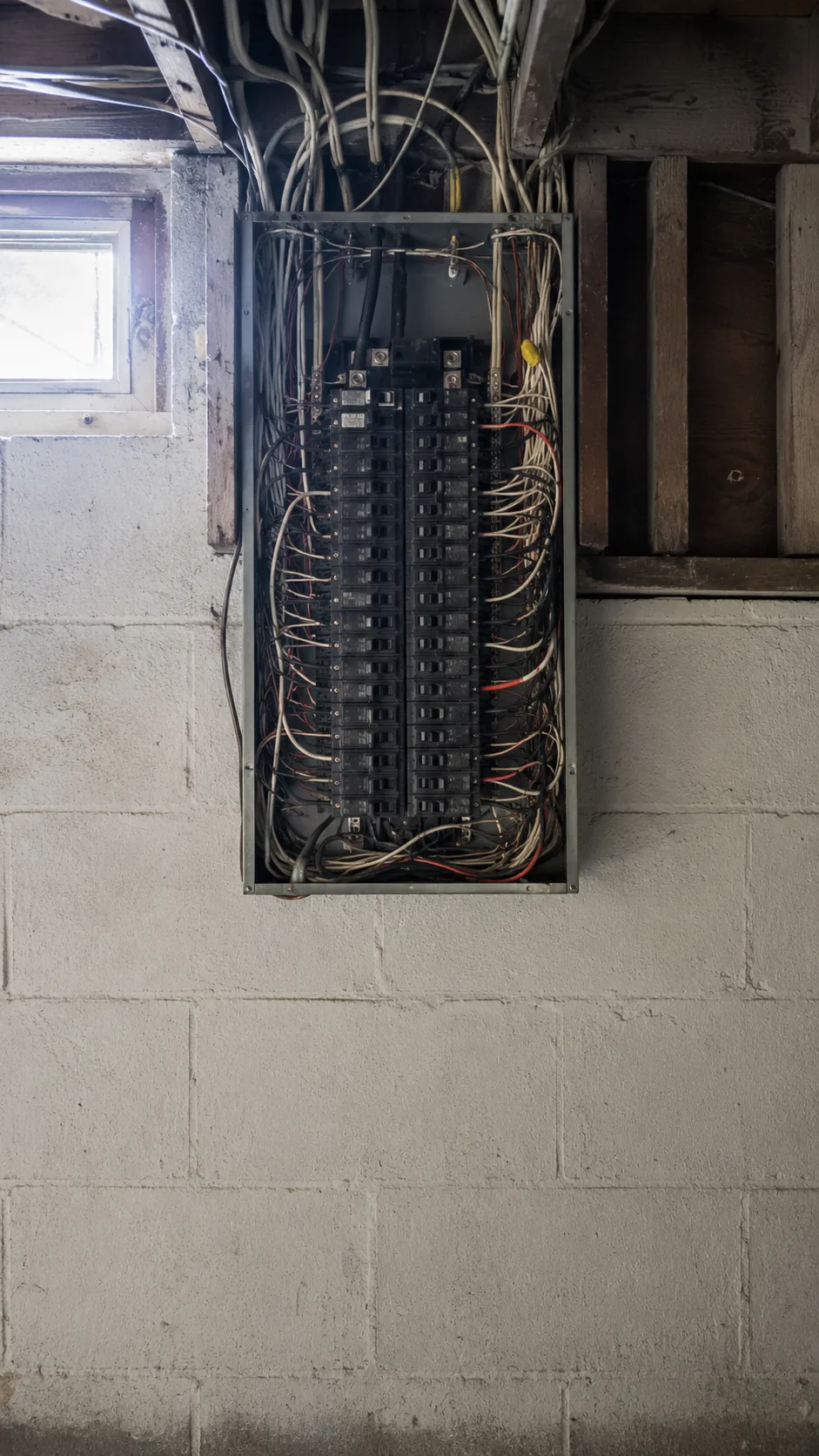 An old residential panel on a concrete block basement wall, cover off, every breaker position occupied and the wiring crowded.