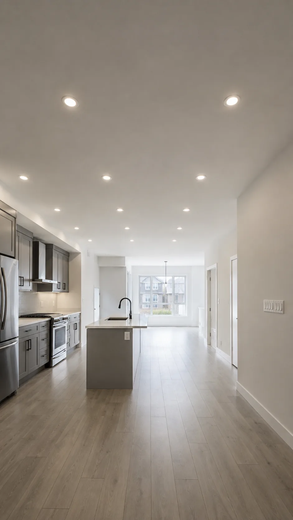 A finished kitchen in a new build, recessed pot lights on across the ceiling, island and range in place.