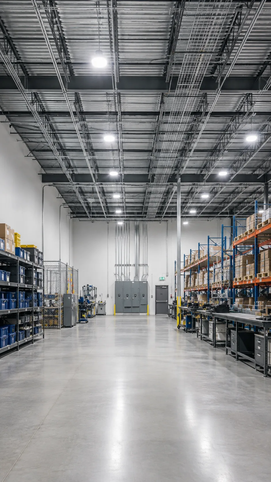 A working industrial floor, cable tray and conduit runs crossing the ceiling, distribution board on the far wall.